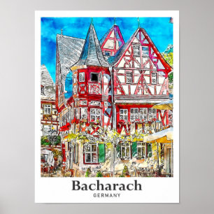 Affiche Bacharach Allemagne Voyage Aquarelle main tirée