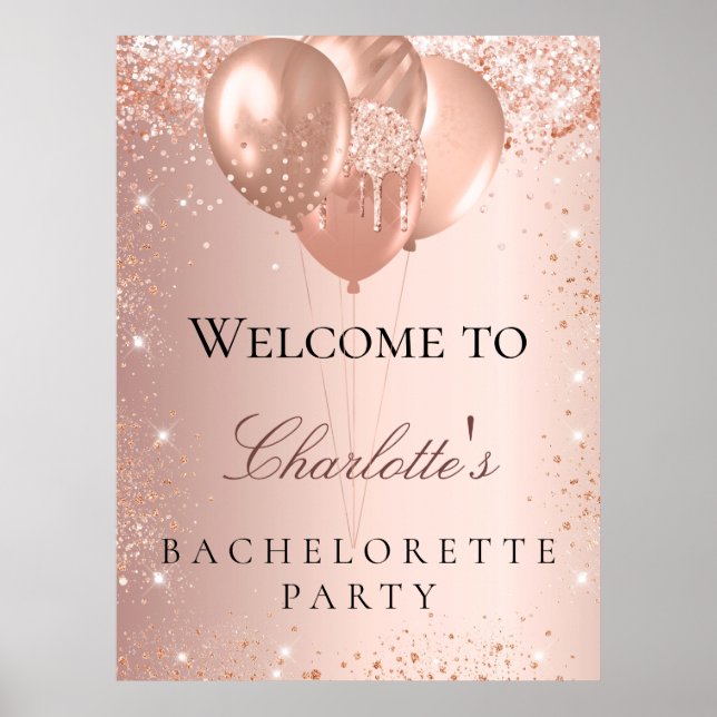 Affiche Bachelorette fête rose ballon d'or bienvenue (Devant)