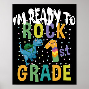 Affiche Back to School I'm Ready To Rock 1st Grade Dino