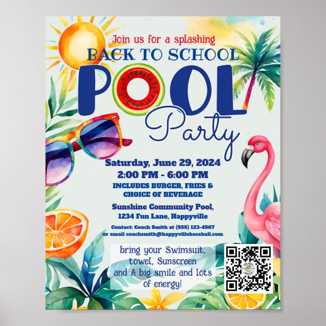 Affiche back to school Pool party class friends birthday (Devant)