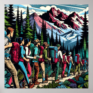 Affiche Backpacking People Randonnée Trail à travers les m