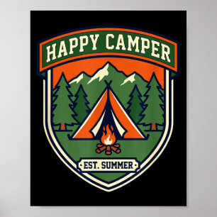 Affiche Badge de campeur heureux tente montagne feu de cam