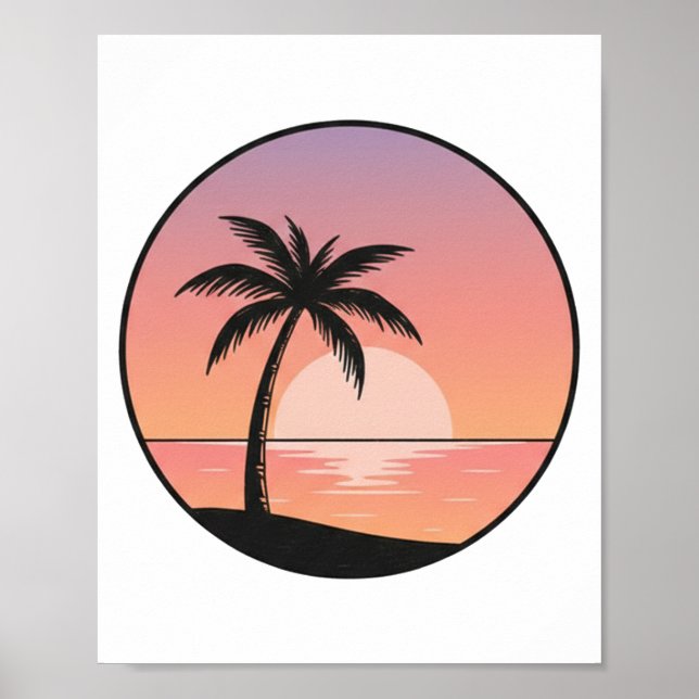 Affiche Badge de plage au coucher du soleil – Dessin minim (Devant)