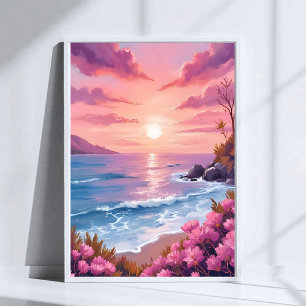 Affiche Baie de Blush Beach Aquarelle rose de coucher de