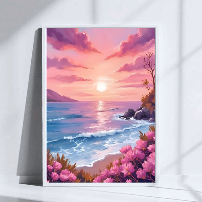 Affiche Baie de Blush Beach | Aquarelle rose de coucher de (Créateur téléchargé)