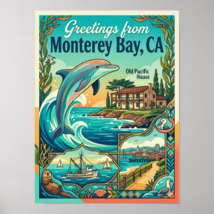 Affiche Baie de Monterey Californie Dauphin Style Vintage