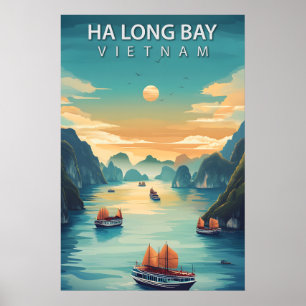 Affiche Baie d'Halong Vietnam Rétro Asie du Sud-Est Côtièr