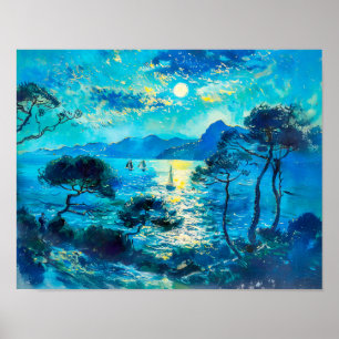 Affiche Baie Lune avec Nocturne impressionniste de bateaux