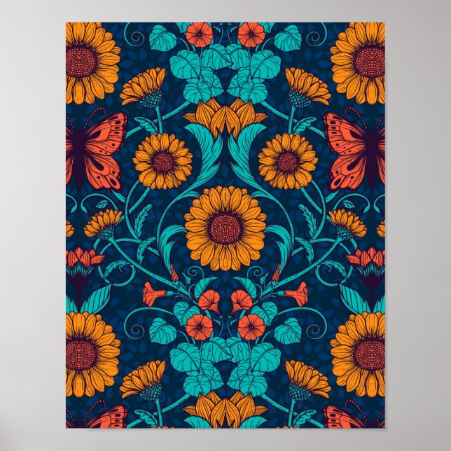 Affiche Baies Art Nouveau en bleu et jaune (Devant)
