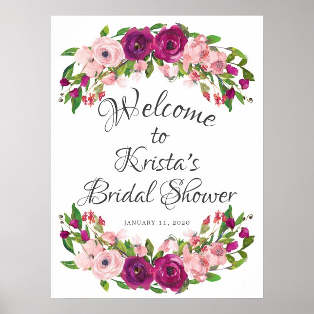 Affiche Baigneuse Rose & Marsala Fleurs Bienvenue Baby Sho (Devant)