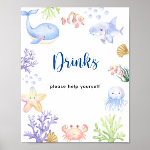Affiche Bain de bébé animaux de l'océan à l'aquarelle - Bo