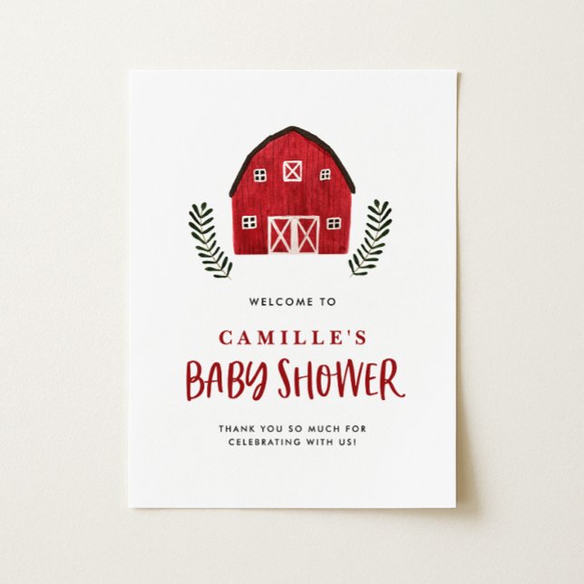 Affiche Bain de bébé Ferme de Maison Rustique Rouge Aquare (Watercolor red barn baby shower welcome sign featuring farmhouse charm for a country-themed party.)