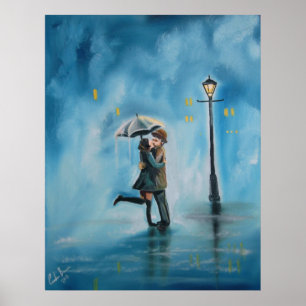 Affiche Baiser couple pluie jour lampe parapluie