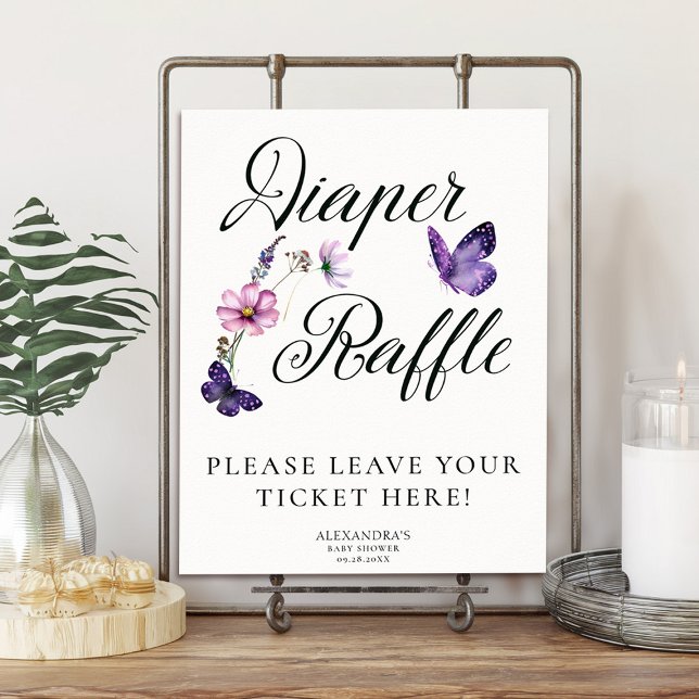 Affiche Baisers à papillon Baby shower violet sauvage Raff (baby shower diaper raffle poster purple butterflies wildflowers garden party spring summer chic)