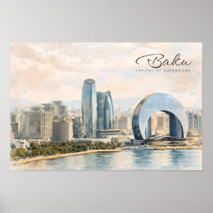 Affiche Baku Azerbaïdjan Capitale Aquarelle Cadeau de Voya