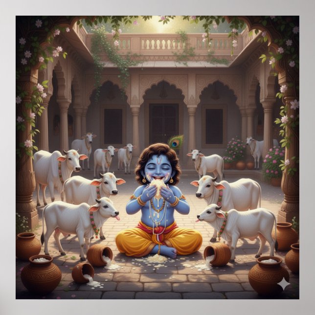 Affiche Bala Krishna lumineux et joueur mangeant du beurre (Devant)