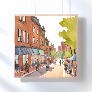 Affiche Balade à vélo à Boston North End aquarelle MA