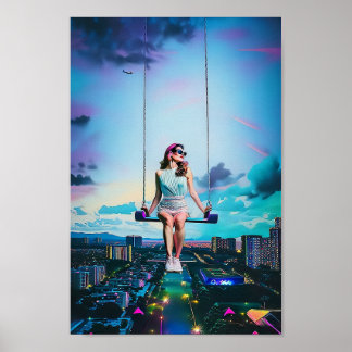 Affiche Balade de la fille au-dessus de la ville Synthwave