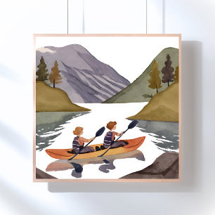 Affiche Balade en kayak sur le lac   Aquarelle de montagne