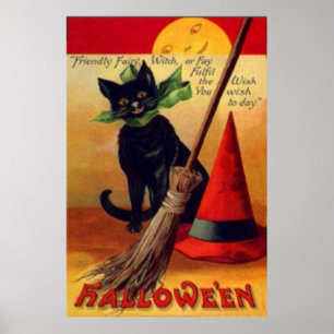 Affiche Balai de Chat Noir Chapeau de Sorcière Pleine Lune