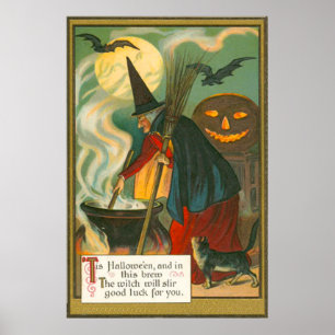 Affiche Balai de Sorcière Chaudron Citrouille chauve-souri