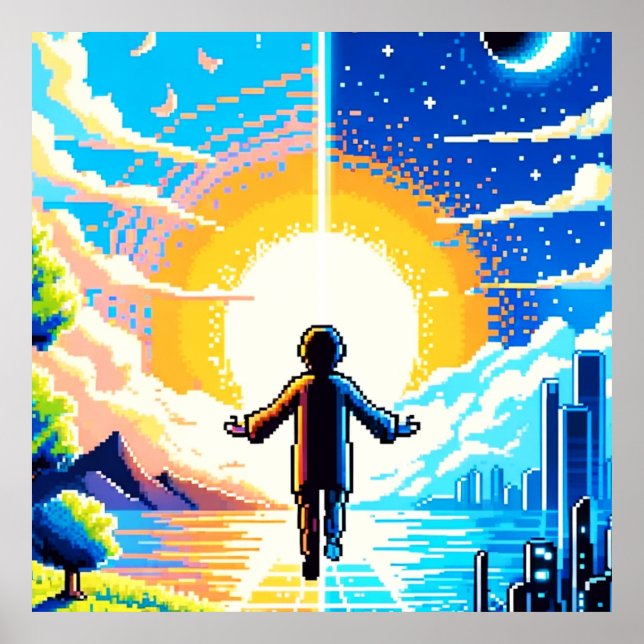 Affiche Balance des mondes - Futuriste Pixel Art Tech (Devant)