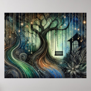Affiche Balançoire d'arbre enchanté et lumières scintillan