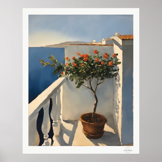 Affiche Balcon méditerranéen ensoleillé avec fleurs peintu (Devant)