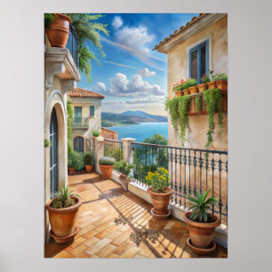 Affiche Balcon méditerranéen ensoleillé vue sur la mer Art
