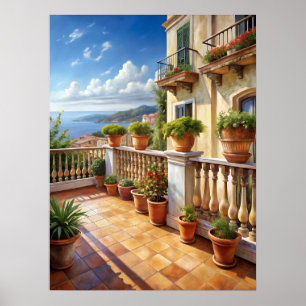 Affiche Balcon méditerranéen vibrant Vue sur la mer Art