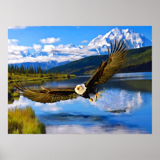 Affiche Bald Eagle Fishing Denali 24" x 18" Papier d'archi (Devant)