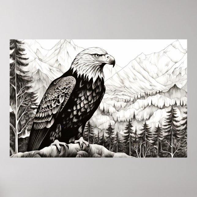 Affiche Bald Eagle paisible Nature Prairie Dessin de croqu (Devant)