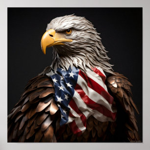 Affiche Bald Eagle sculpture en métal avec drapeau américa