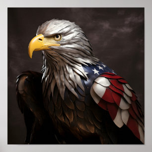 Affiche Bald Eagle sculpture en métal avec drapeau américa