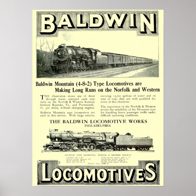 Affiche Baldwin Steam Locomotive Mountain Type en 1924 (Devant)