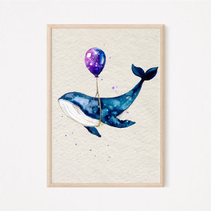 Affiche Baleine à bosse à l'aquarelle violette à ballons