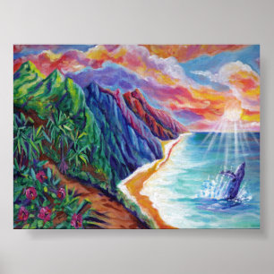 Affiche Baleine à bosse d'Hawaï qui atteint le coucher du 