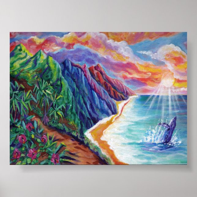 Affiche Baleine à bosse d'Hawaï qui atteint le coucher du  (Devant)