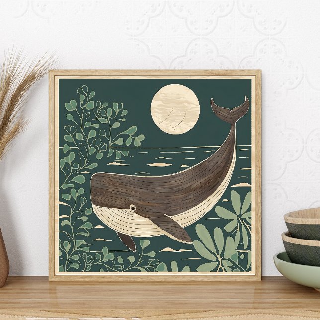 Affiche Baleine Abstraite fauvisme (matisse like abstract painting of whale, moon, ocean. Japanese woodblock style)