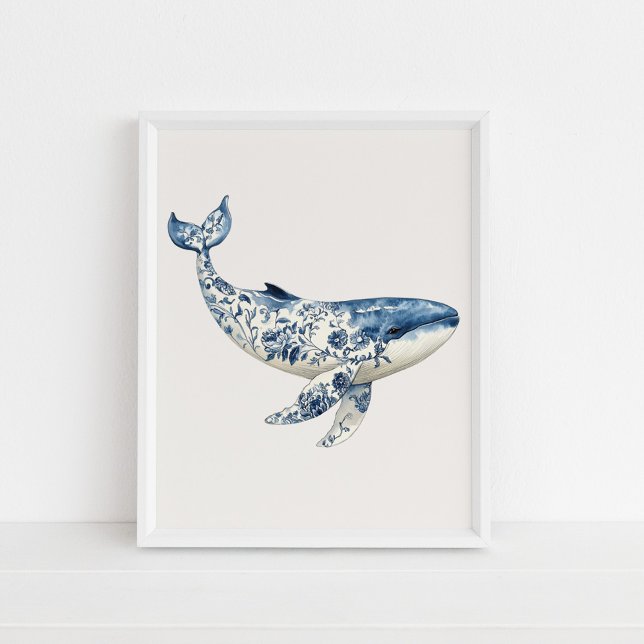 Affiche Baleine - Bleu côtier sur l'Art Mur Beige (Whale – Coastal Blue on Beige Wall Art in a white frame on the floor.)