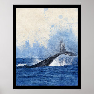 Affiche Baleine bleue éclaboussant dans l'art océanique