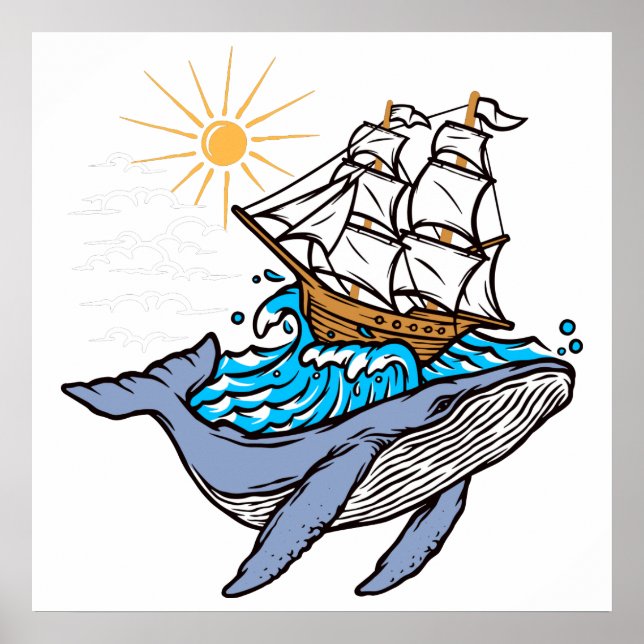 Affiche Baleine bleue voilier vague soleil (Devant)