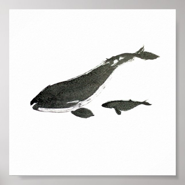 Affiche Baleine grise maman et bébé peinture à l'encre sum (Devant)