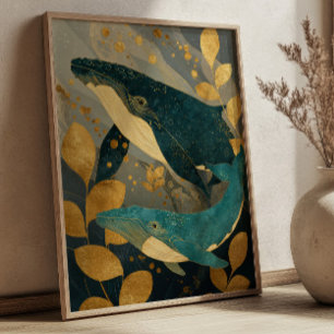 Affiche Baleine illustrée bleu marine et or Kintsugi Océan