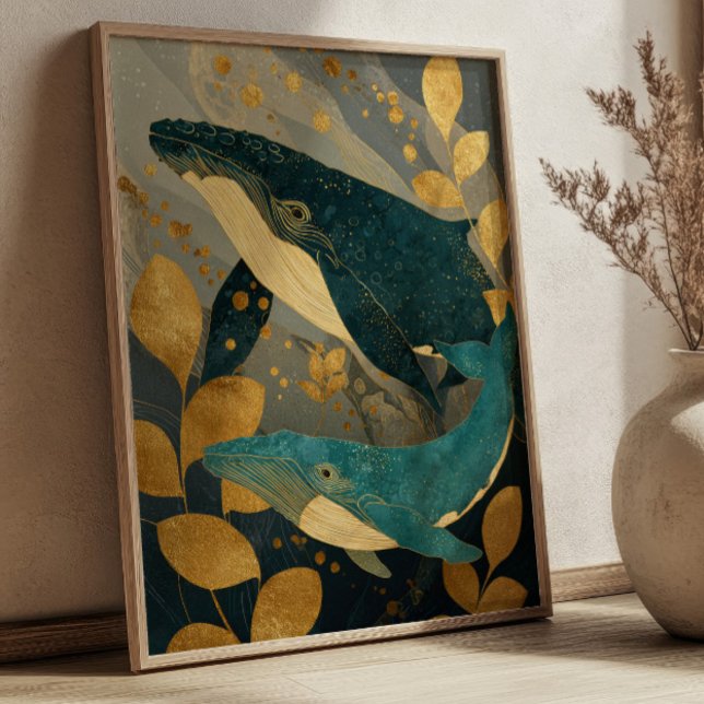 Affiche Baleine illustrée bleu marine et or Kintsugi Océan (Créateur téléchargé)