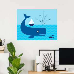 Affiche Baleine nautique et voilier Mer bleue océanique