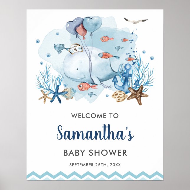 Affiche Baleine nautique sous le Baby shower marin Bienven (Devant)