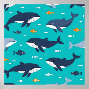 Affiche Baleines dauphins motif océanique