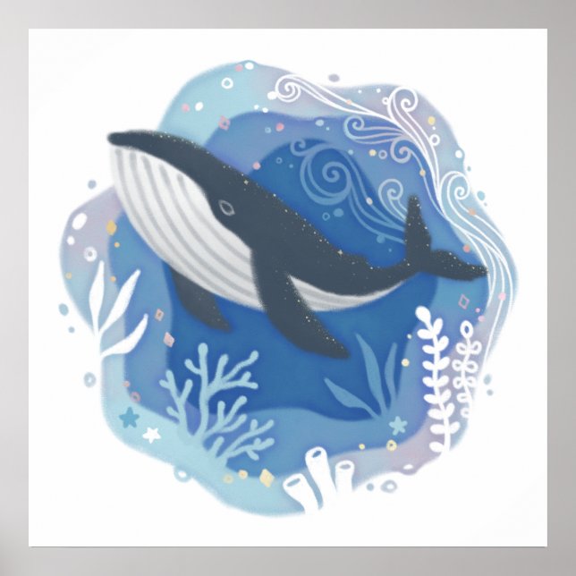 Affiche Baleines et coraux en papier océanique Illustratio (Devant)
