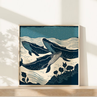 Affiche Baleines Océan Marin Nature Linocut Nouvelle-Écoss